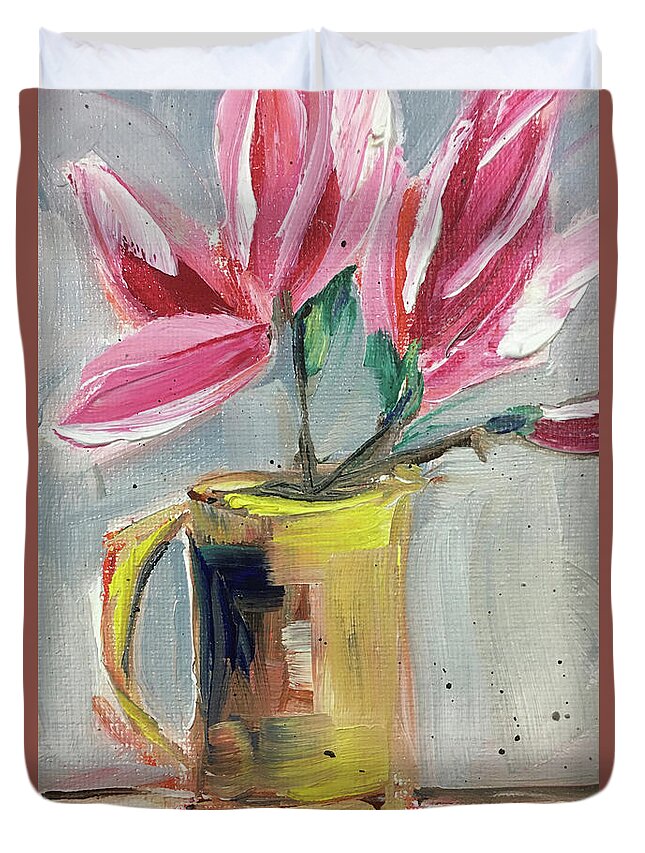 Magnolias Duvet Cover featuring the painting Pink Magnolias in a Yellow Porcelain Pitcher by Roxy Rich