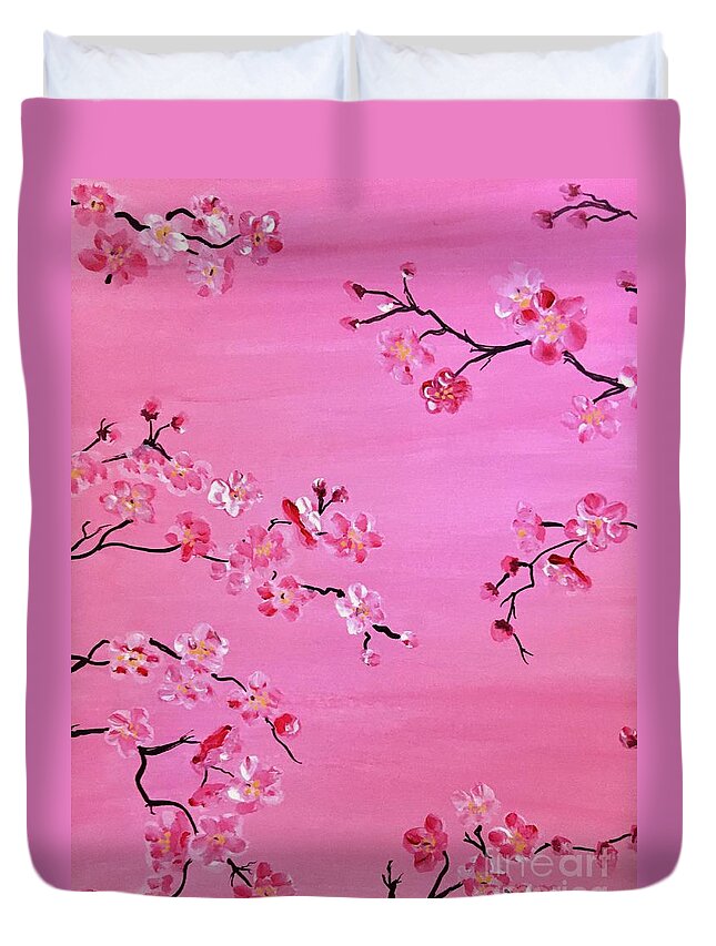 Blossoms Flowers Spring Pink Branches Painting Nature Color Cherry Duvet Cover featuring the painting Pink on Pink by Debora Sanders