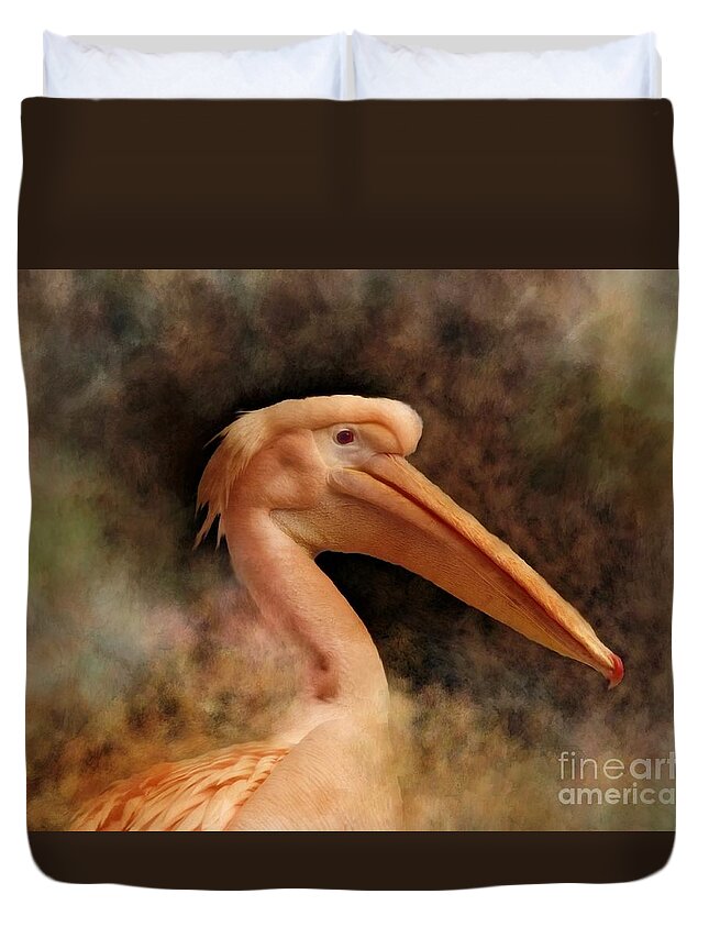 Pelican Duvet Cover featuring the mixed media Pink Pelican Bird 81 by Lucie Dumas