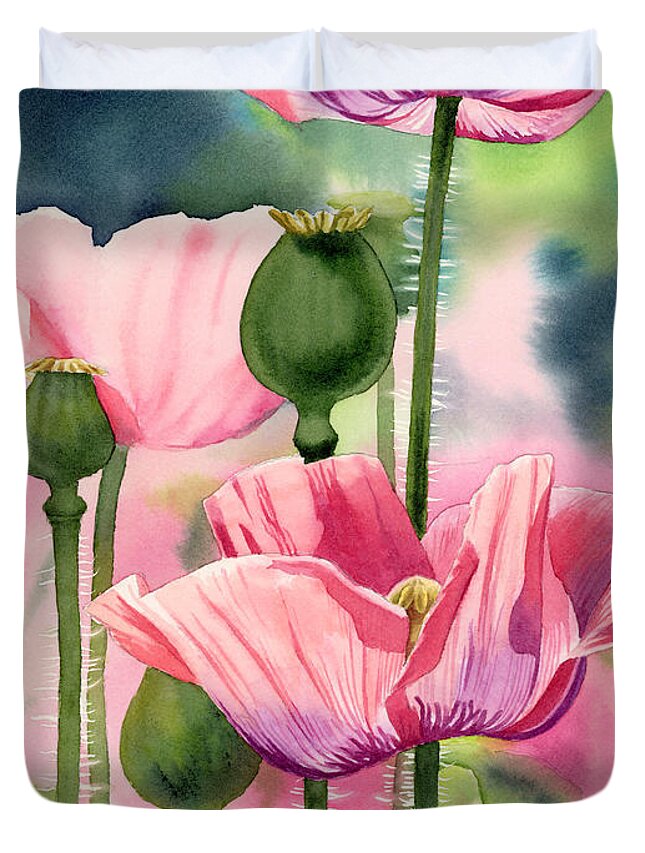 Pink Duvet Cover featuring the painting Pink Poppies by Espero Art