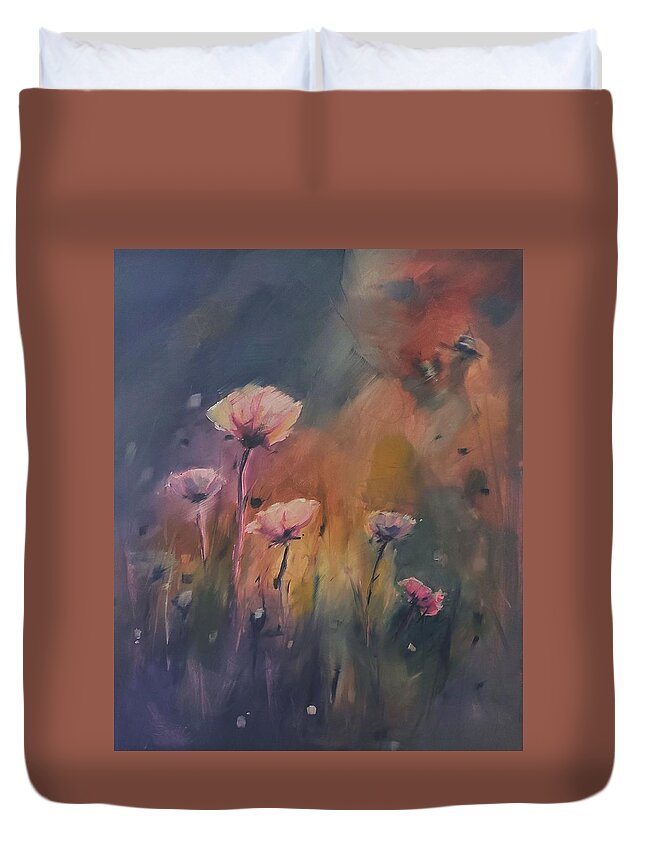 Landscape Duvet Cover featuring the painting Pink Poppies by Sheila Romard