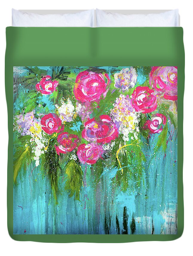 Pink Duvet Cover featuring the painting Pink Rose Bohemian Abstract Floral by Joanne Herrmann