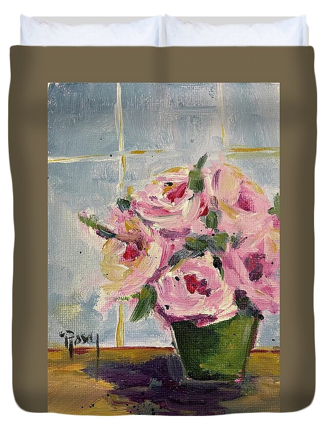Pink Roses Duvet Cover featuring the painting Pink Roses by the Window by Roxy Rich