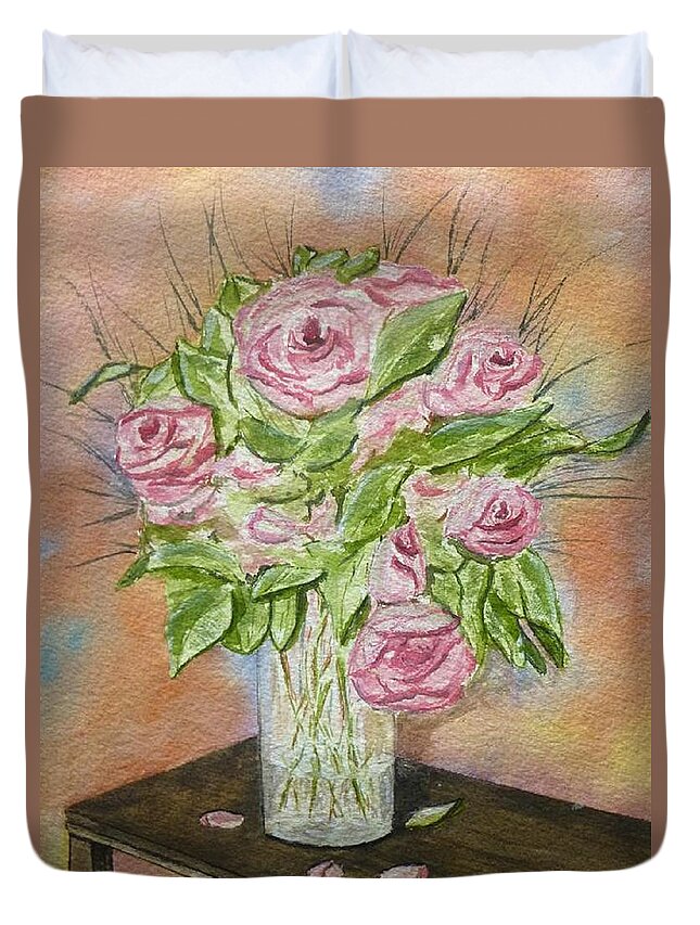 Pink Roses Duvet Cover featuring the painting Pink Roses by Kelly Mills
