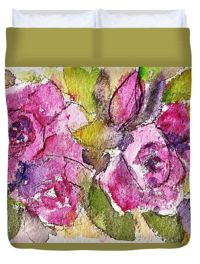 Loose Floral Duvet Cover featuring the painting Pink Roses by Roxy Rich