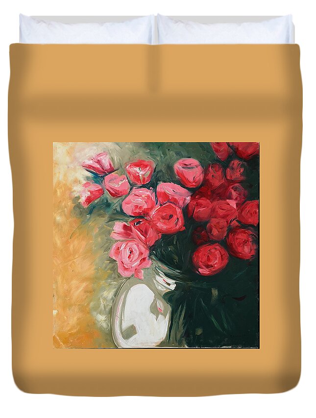 Painting Duvet Cover featuring the painting Pink Roses by Sheila Romard