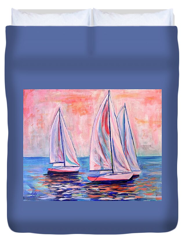 Sailing Duvet Cover featuring the painting Pink Sky at Night by Kelly Smith
