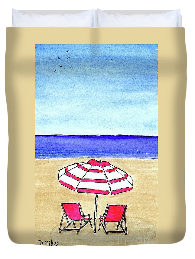 Beach Duvet Cover featuring the painting Pink Striped Beach Umbrella by Donna Mibus