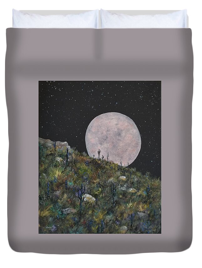 Moon Duvet Cover featuring the painting Pink Supermoon by Judith Rhue