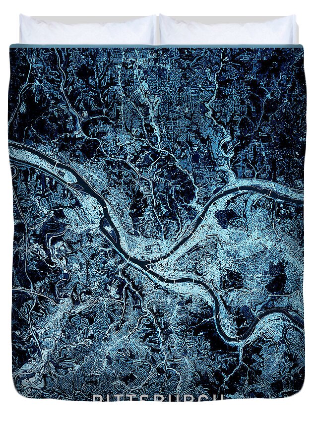 Pittsburgh Duvet Cover featuring the digital art Pittsburgh Pennsylvania 3D Render Map Blue Top View Oct 2019 by Frank Ramspott