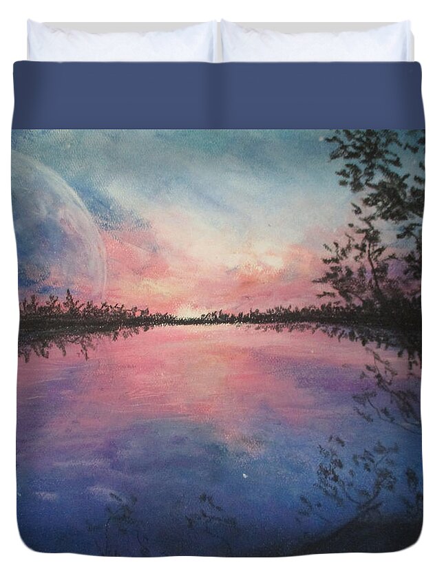 Chromatic Sunset Duvet Cover featuring the painting Planet Sunset by Jen Shearer