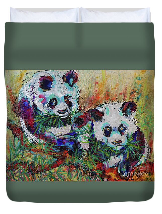 Pandas Duvet Cover featuring the painting Playful Giant Pandas by Jyotika Shroff
