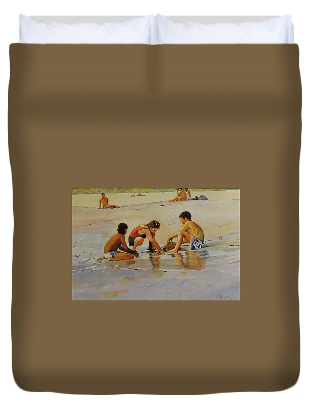 Beach Duvet Cover featuring the painting Playing on Penghu Beach by David Gilmore