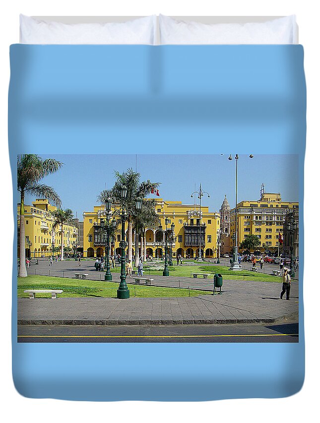 Yellow Buildings Duvet Cover featuring the photograph Plaza Mayor Lima Peru by Karen Zuk Rosenblatt