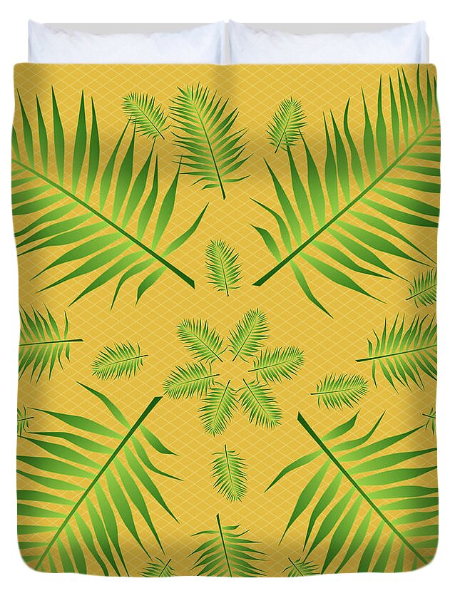 Palm Duvet Cover featuring the digital art Plethora of Palm Leaves 22 on a Yellow Diamond Background by Ali Baucom