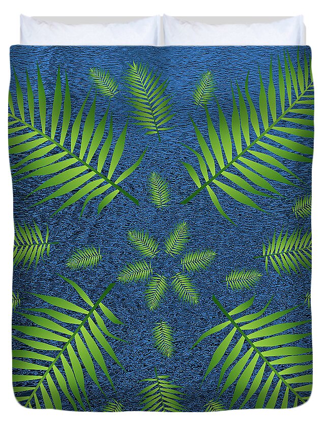 Palm Duvet Cover featuring the digital art Plethora of Palm Leaves 23 on an Abstract Blue Background by Ali Baucom