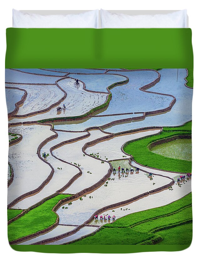 Incredible Duvet Cover featuring the photograph plowing and planting in Mu Cang Chai rice terraces by Khanh Bui Phu