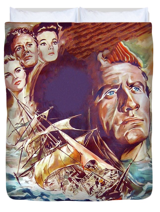 Plymouth Duvet Cover featuring the painting ''Plymouth Adventure'', 1950, movie poster painting by Georg Schubert by Stars on Art