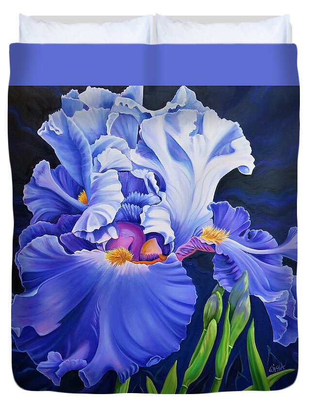 Bearded Iris Duvet Cover featuring the painting Poetry in Motion by Elissa Anthony