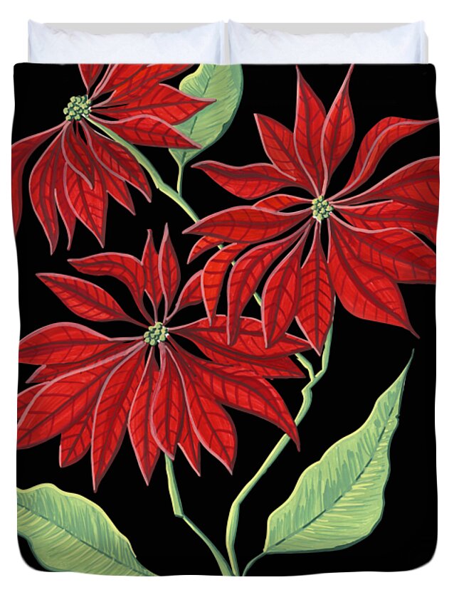 Poinsettia Duvet Cover featuring the painting Poinsettia December Birth Month Flower Botanical Print on Black - Art by Jen Montgomery by Jen Montgomery