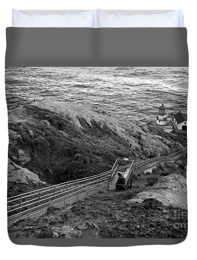 Point Reyes Duvet Cover featuring the photograph Point Reyes Lighthouse Spring Landscape Black And White by Adam Jewell