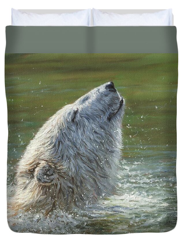 Polar Bear Duvet Cover featuring the painting Polar Bear Splash by David Stribbling