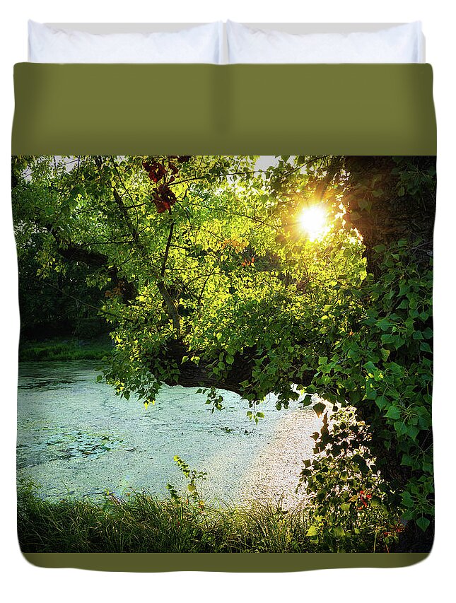 Pond Duvet Cover featuring the photograph Pond And Old Tree At Sunset by Artur Bogacki