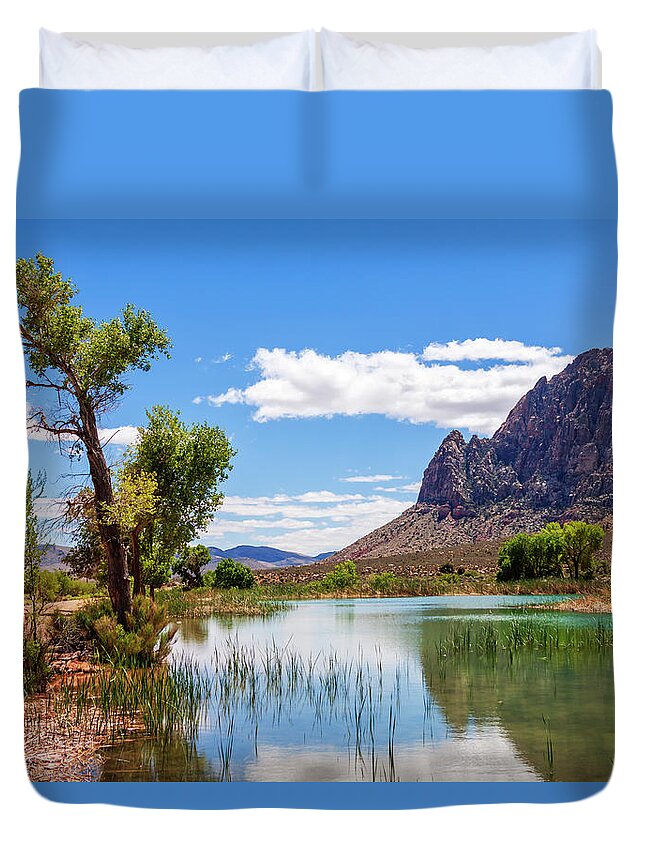 Pond Reflections Duvet Cover featuring the photograph Pond reflections in Mohave Desert, Nevada by Tatiana Travelways