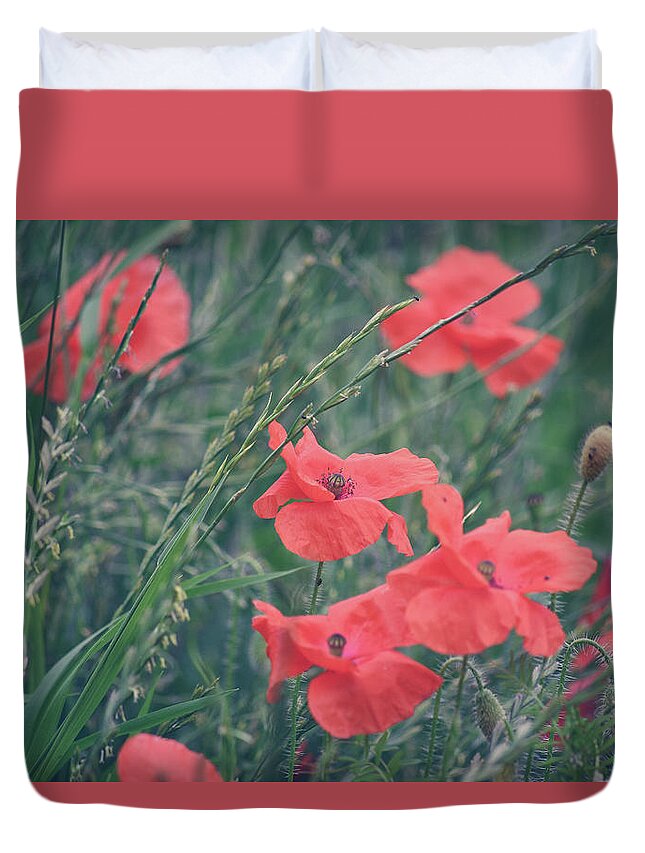 Poppies Duvet Cover featuring the photograph Poppies in a field by Andrew Lalchan
