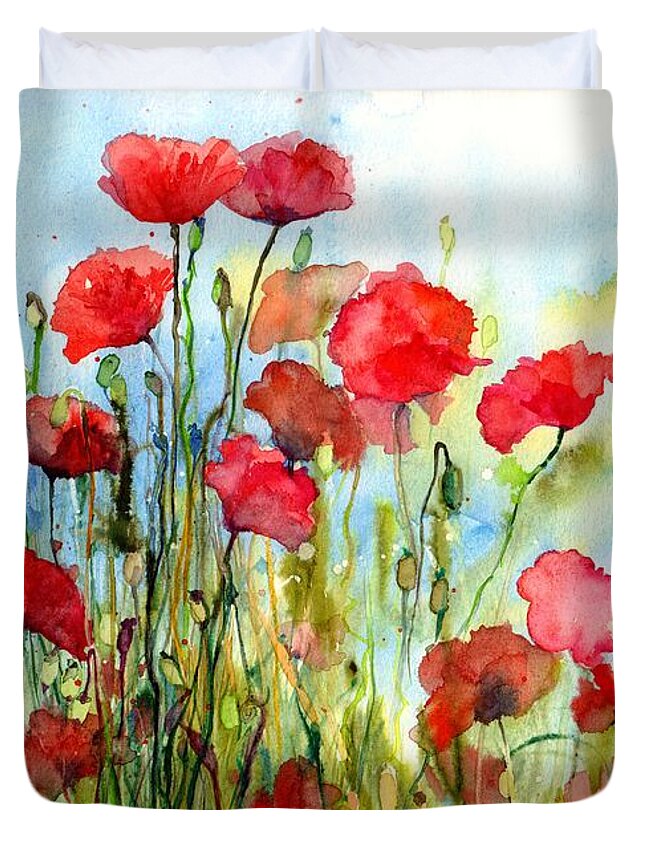 Poppy Duvet Cover featuring the painting Poppy Field by Suzann Sines