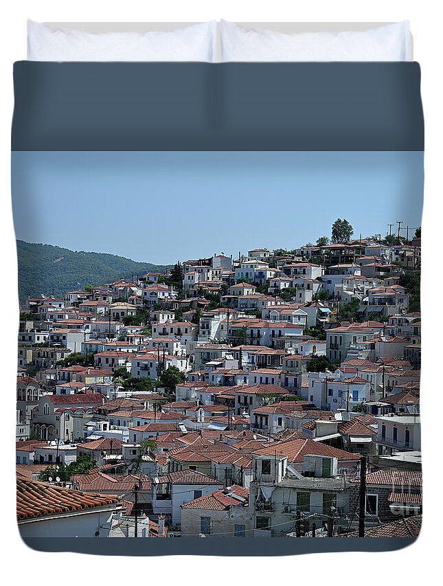 Poros; Greece; Hellas; Greek; Hellenic; Argosaronic; Town; Village; Chora; Light; Blue; Sky; Island; Islands; Holidays; Vacation; Travel; Trip; Voyage; Journey; Tourism; Touristic; Summer; Summertime; House; Houses; Pattern; Motif Duvet Cover featuring the photograph Poros town by George Atsametakis