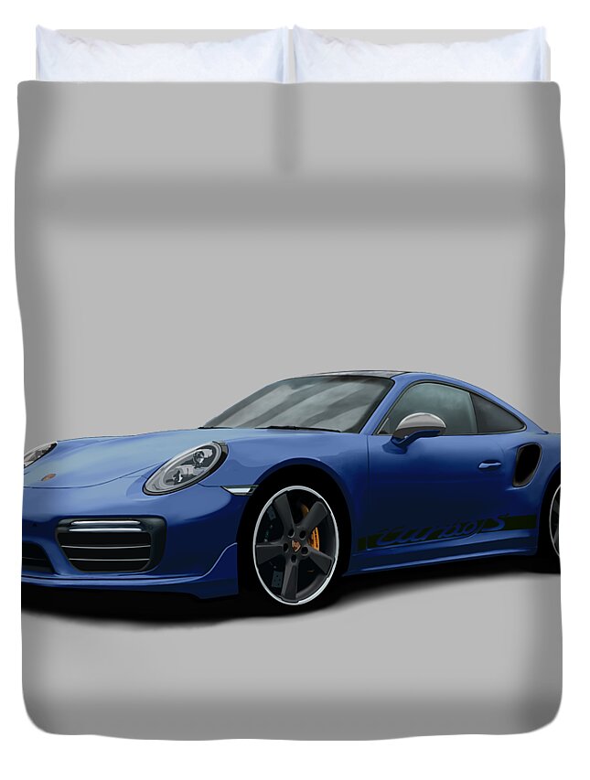 Hand Drawn Duvet Cover featuring the digital art Porsche 911 991 Turbo S Digitally Drawn - Dark Blue with side decals script by Moospeed Art