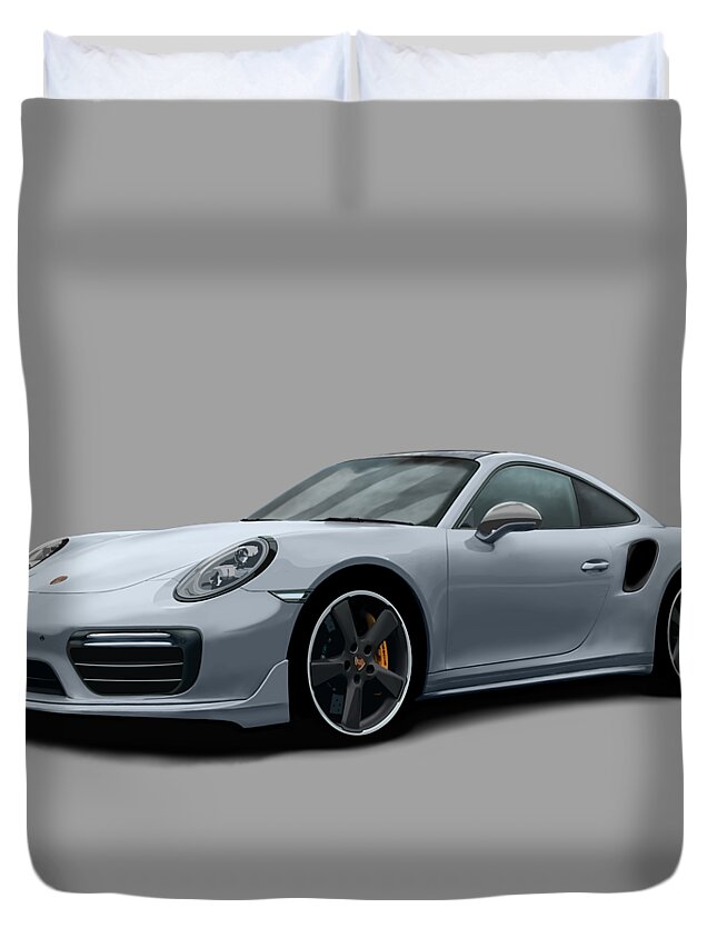 Hand Drawn Duvet Cover featuring the digital art Porsche 911 991 Turbo S Digitally Drawn - Grey by Moospeed Art