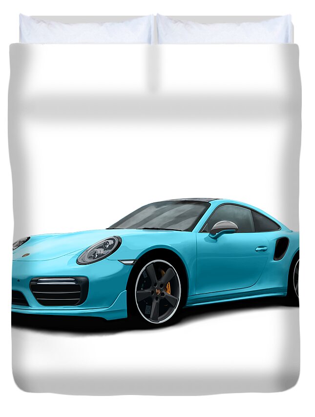 Hand Drawn Duvet Cover featuring the digital art Porsche 911 991 Turbo S Digitally Drawn - Light Blue by Moospeed Art