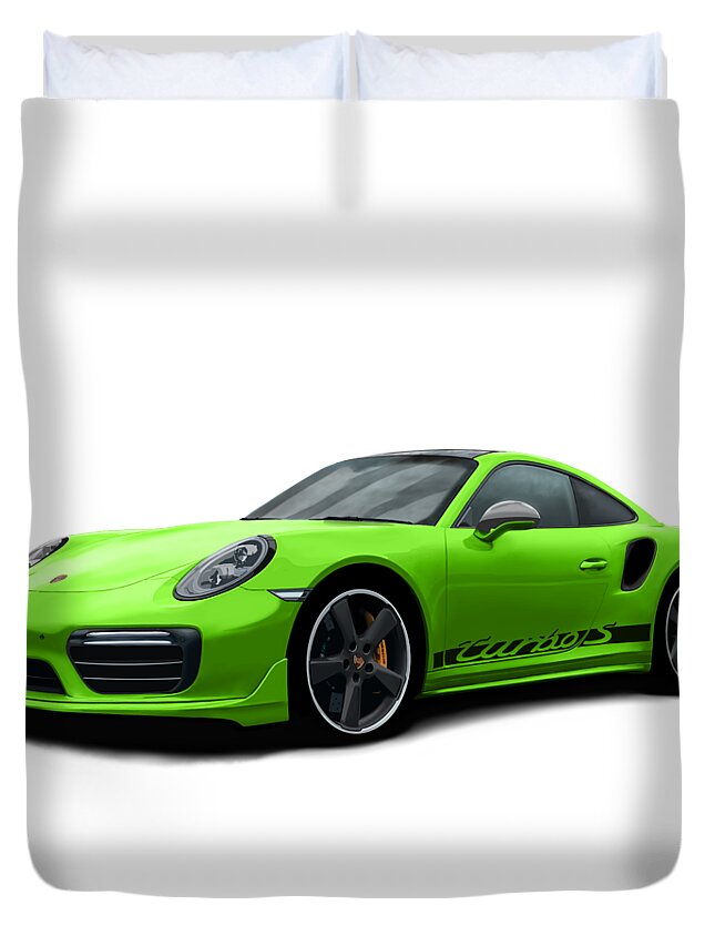 Hand Drawn Duvet Cover featuring the digital art Porsche 911 991 Turbo S Digitally Drawn - Light Green with side decals script by Moospeed Art