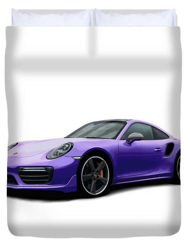 Hand Drawn Duvet Cover featuring the digital art Porsche 911 991 Turbo S Digitally Drawn - Purple by Moospeed Art