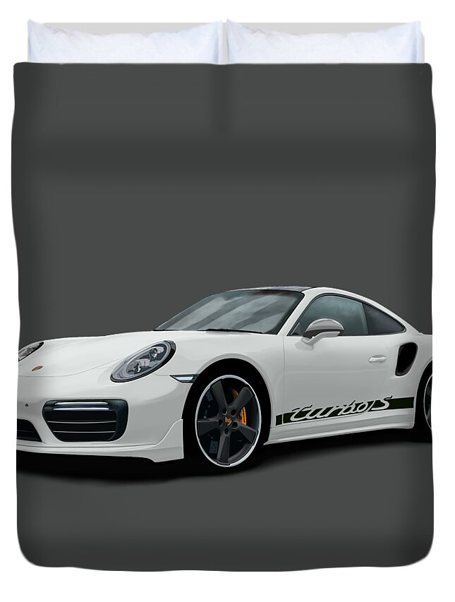 Hand Drawn Duvet Cover featuring the digital art Porsche 911 991 Turbo S Digitally Drawn - White with side decals script by Moospeed Art