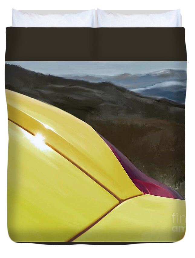 Hand Drawn Duvet Cover featuring the digital art Porsche Boxster 981 Curves Digital Oil Painting - Racing Yellow by Moospeed Art