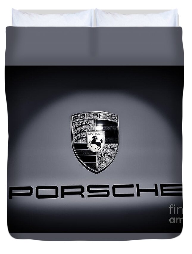 Porsche 911 Duvet Cover featuring the photograph Porsche Car Emblem isolated BW 2 by Stefano Senise