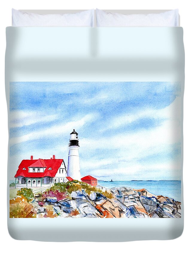 Portland Head Light Duvet Cover featuring the painting Portland Head Lighthouse Maine by Carlin Blahnik CarlinArtWatercolor