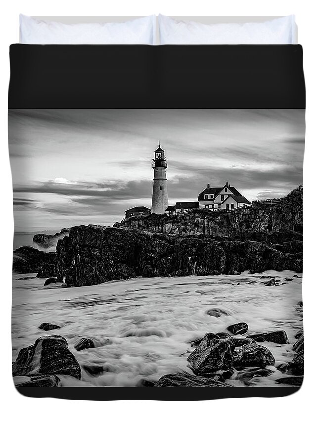 Portland Head Light Duvet Cover featuring the photograph Portland Head Lighthouse With Crashing Waves - Black and White by Gregory Ballos