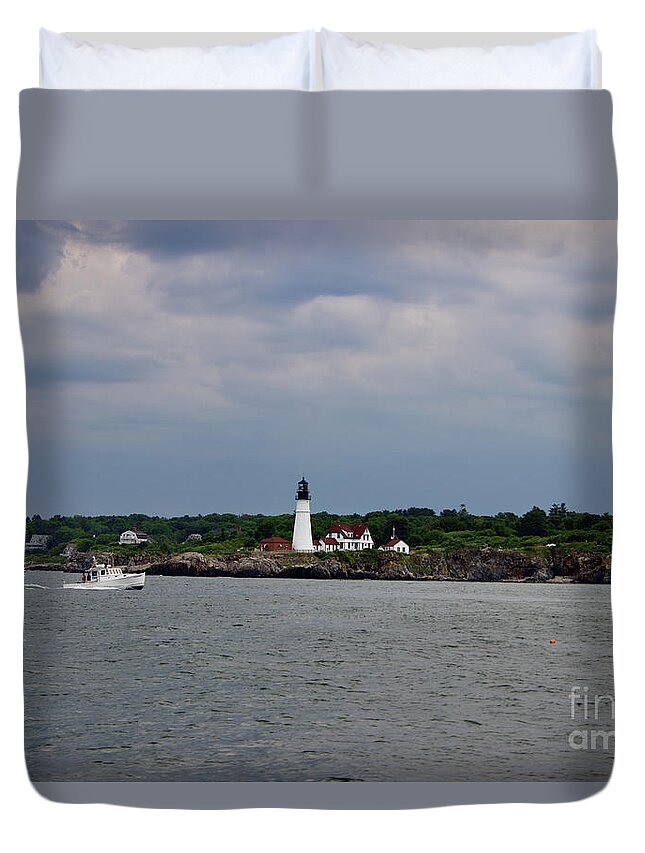 Portland Duvet Cover featuring the pyrography Portland Headlight by Annamaria Frost