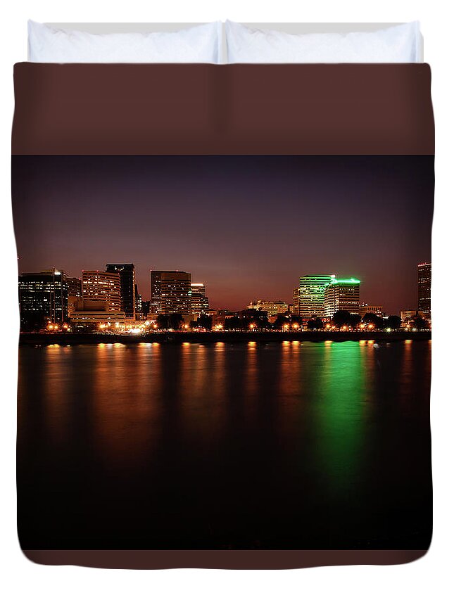 Portland Oregon Duvet Cover featuring the photograph Portland Oregon Skyline City Lights by Athena Mckinzie