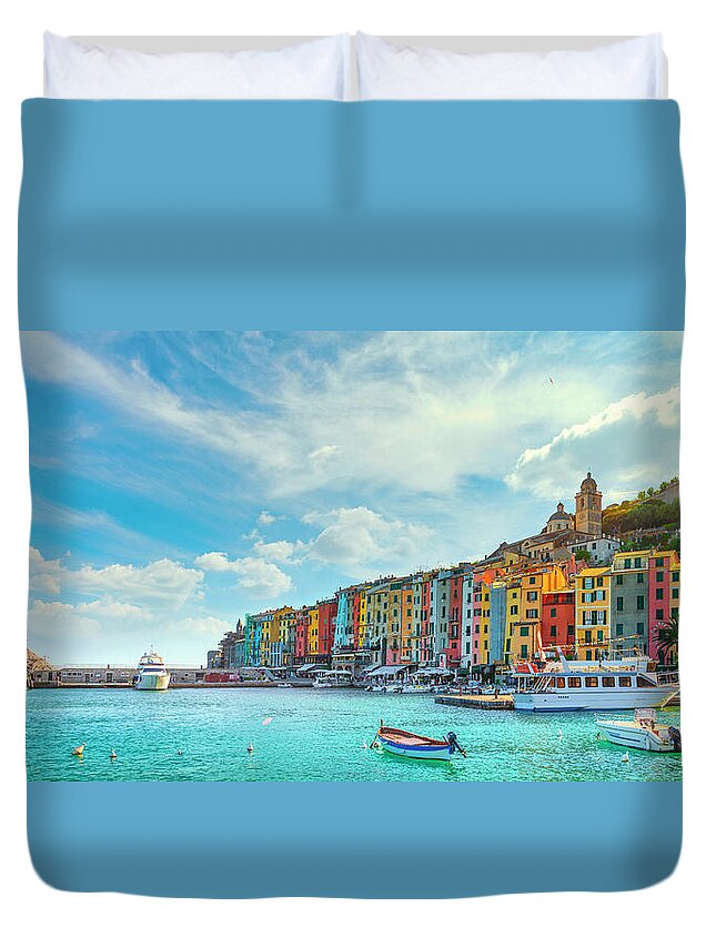 Portovenere Duvet Cover featuring the photograph Portovenere Village Panorama. Liguria by Stefano Orazzini