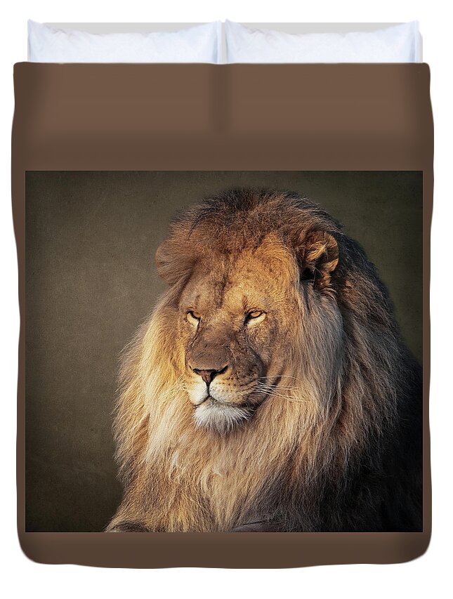 Lion Duvet Cover featuring the digital art Portrait lion by Marjolein Van Middelkoop