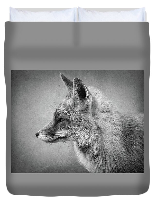 Foc Duvet Cover featuring the digital art Portrait of a fox in black and white by Marjolein Van Middelkoop