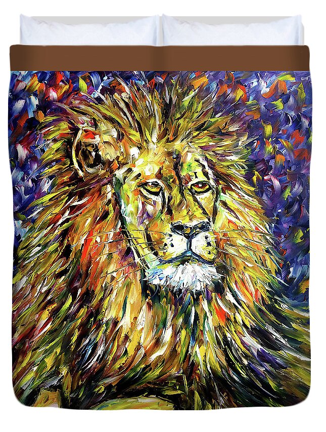 King Lion Painting Duvet Cover featuring the painting Portrait Of A Lion by Mirek Kuzniar
