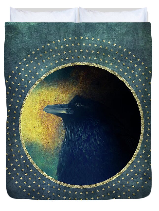 Portrait Duvet Cover featuring the photograph Portrait of a raven by Priska Wettstein