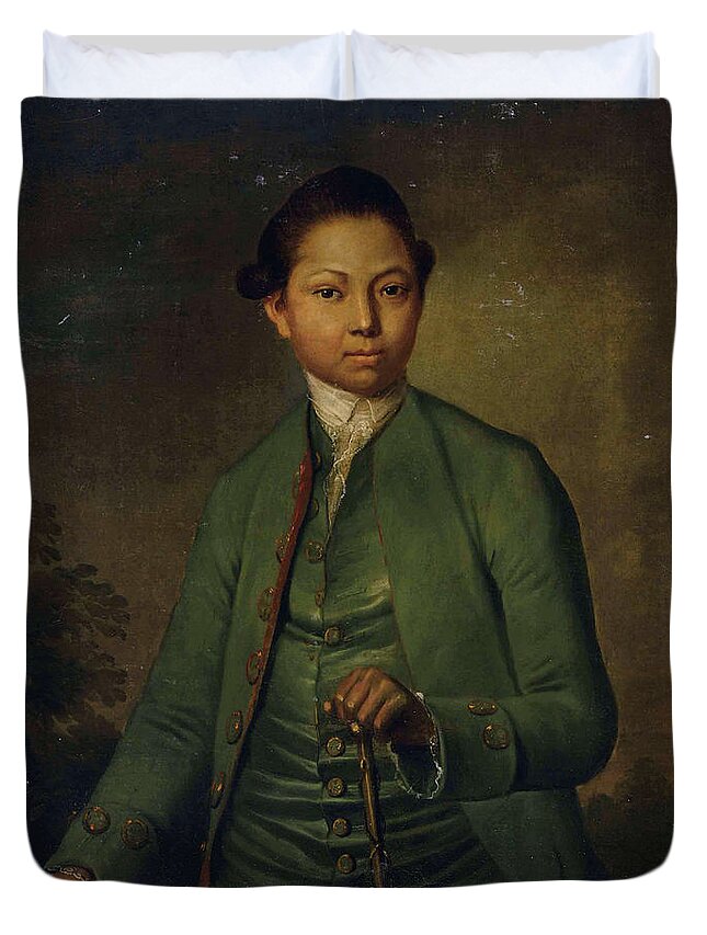 Art History Duvet Cover featuring the painting Portrait of a young man wearing a green jacket holding a cane by J Schult