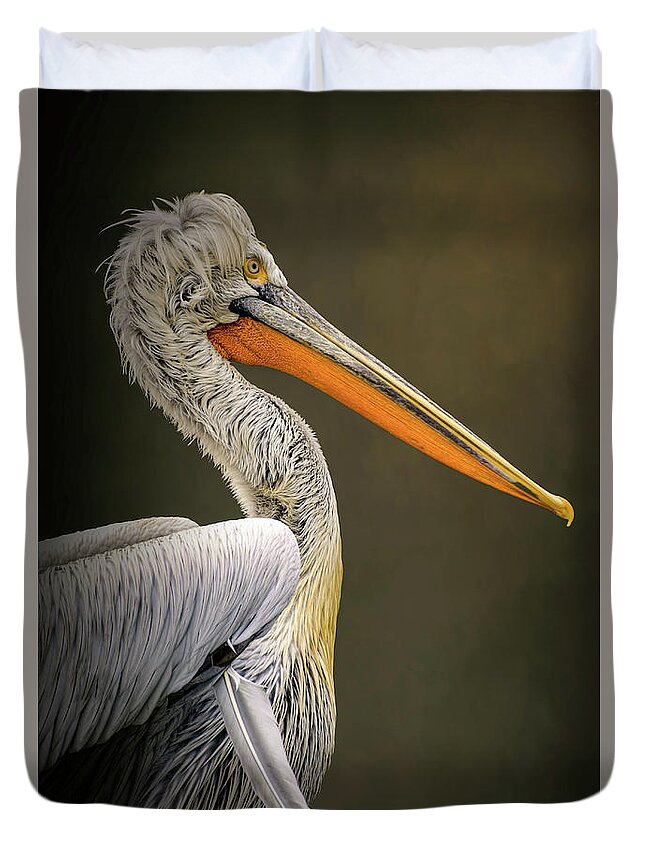 Portrait Pelican Duvet Cover featuring the digital art Portrait Pelican by Marjolein Van Middelkoop